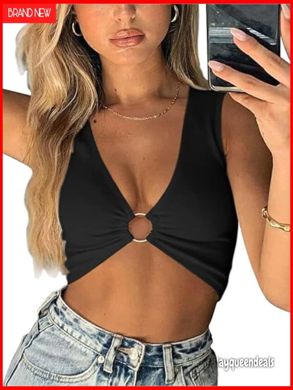 Sleeveless Deep V Neck Crop Top, Polyester Spandex, Fitted Tank for Workout